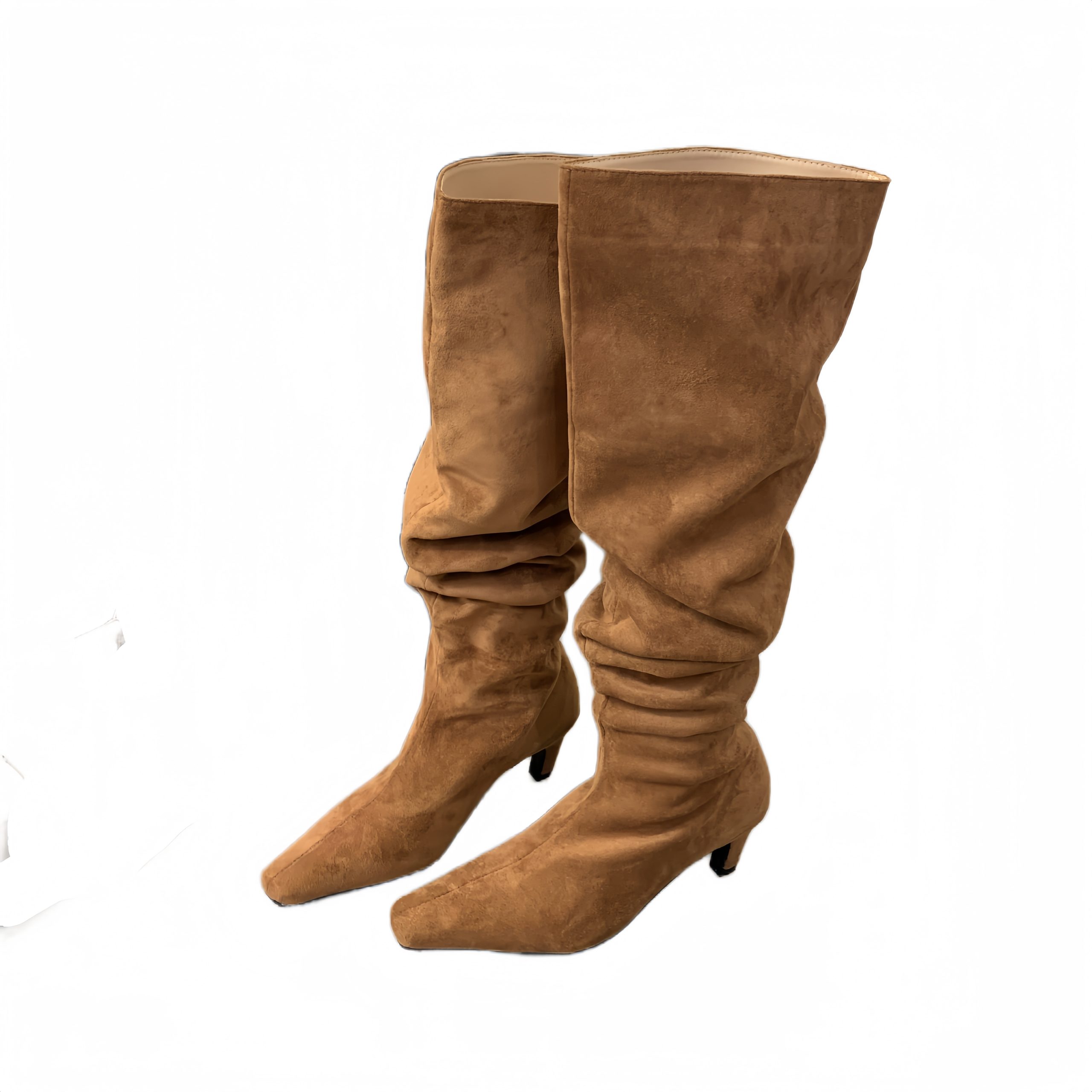 2024 Autumn Winter New Square Toe Leather Kitten Heel Straight Boots Over Knee Boots