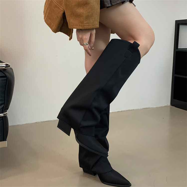 BUBUFLY Women's Pointed Toe Patent Leather High Heel Knee High Boots Chunky Heel Street Style