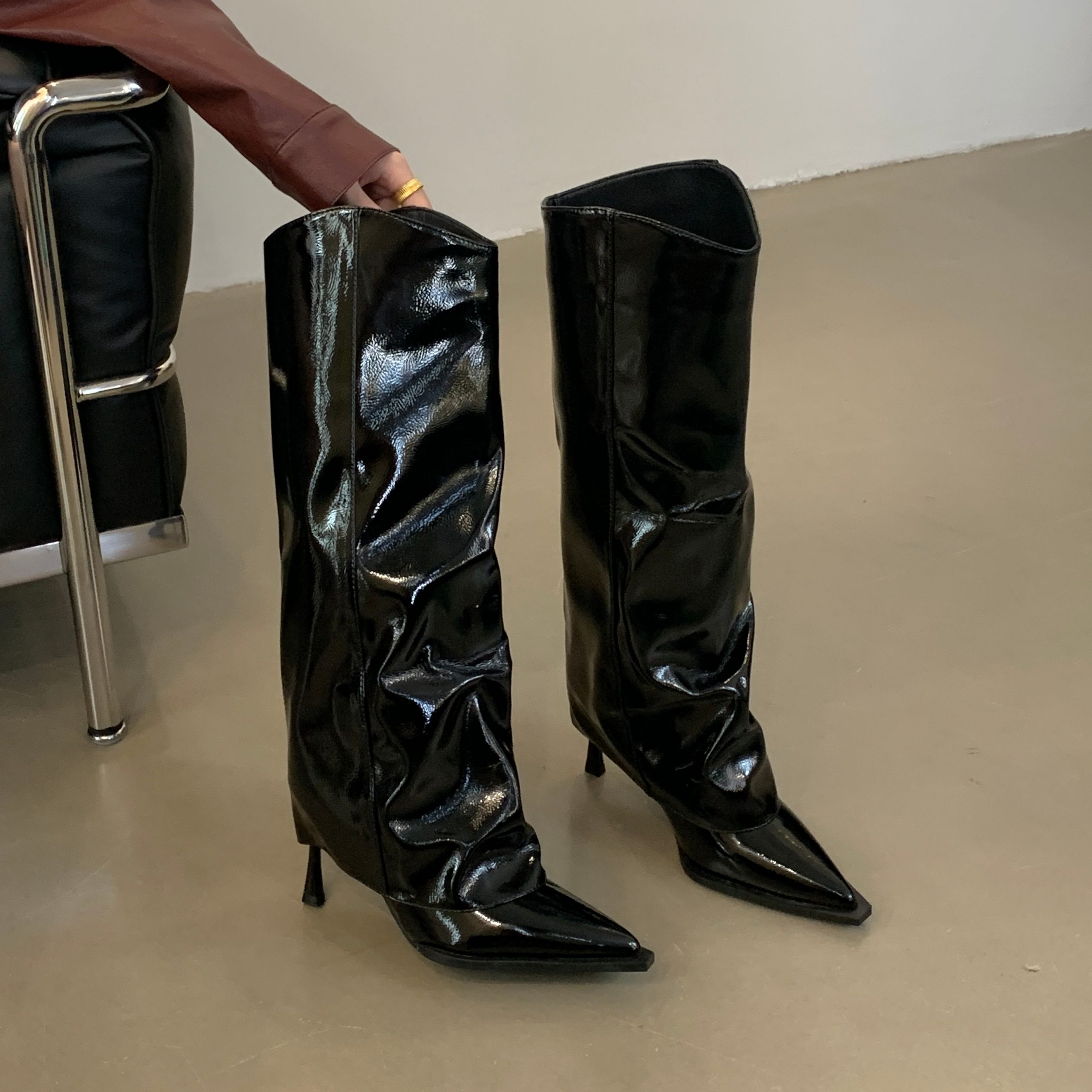 Black Sexy High Tube Boots for Women Stiletto Heel 2024 Early Autumn New French Style Slim Boots Long Boots