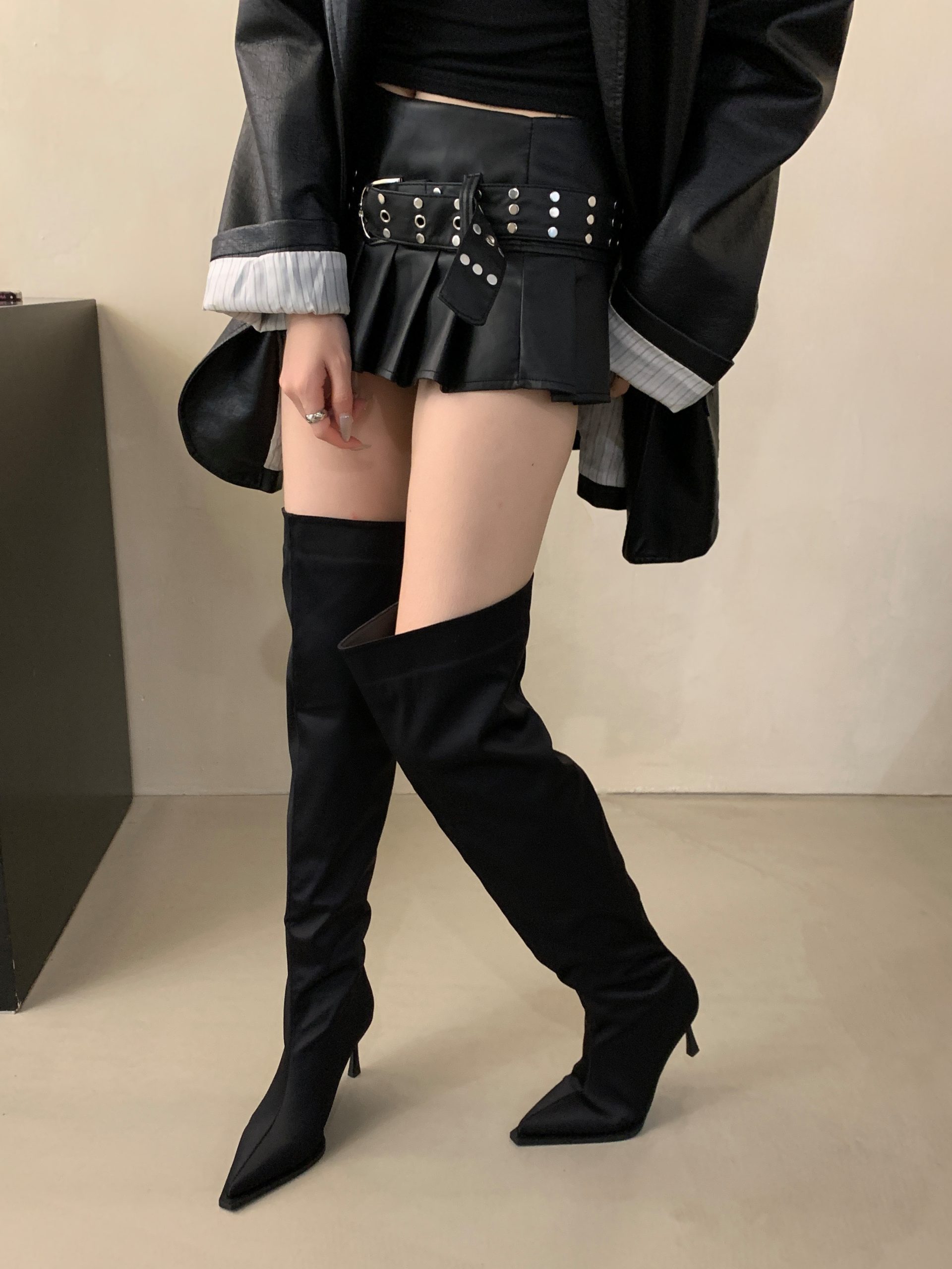 BUBUFLY Women's Over Knee Boots 2024 New Arrival Beige Pointed Toe Slim Fit High Heel Stretch Long Boots