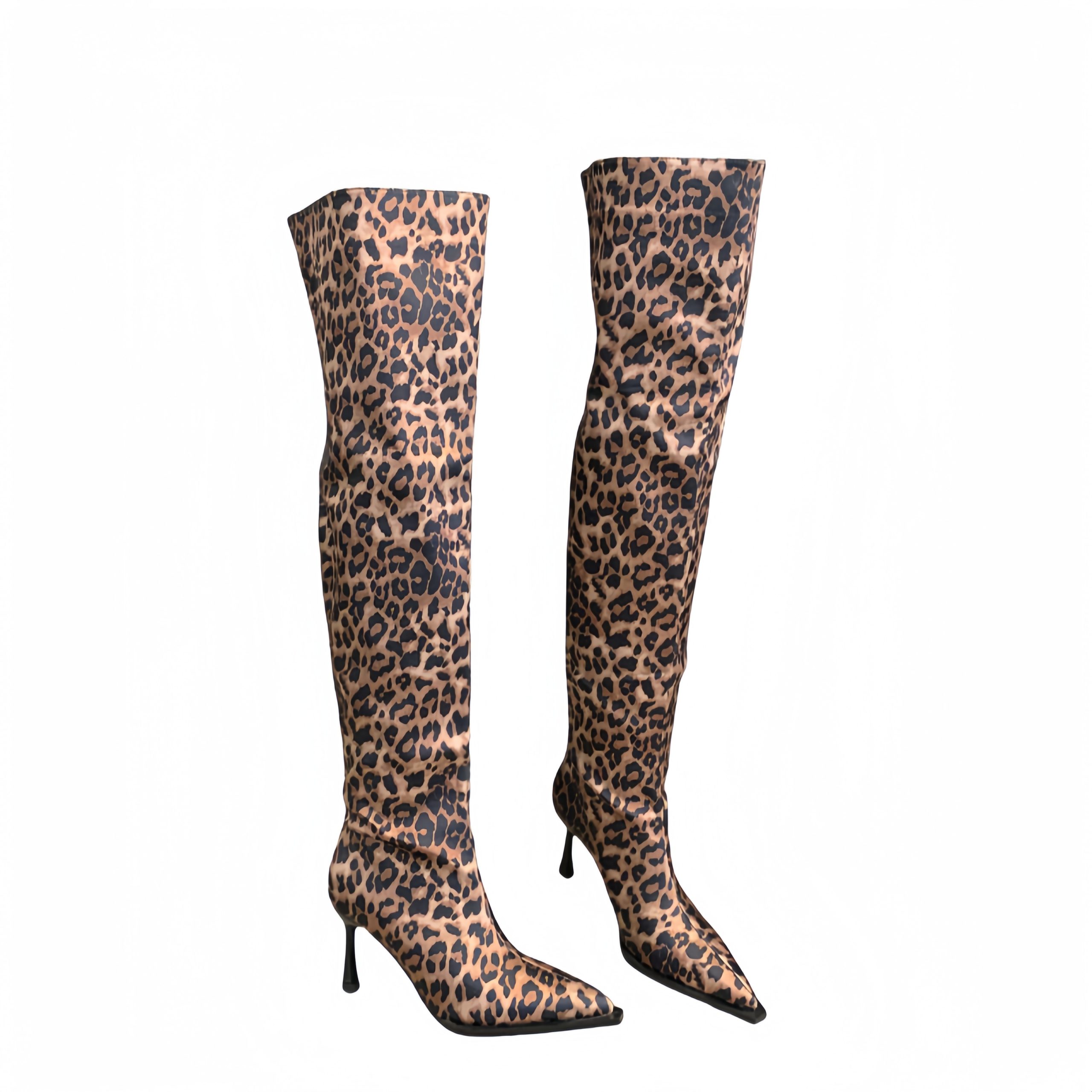 BUBUFLY Women's Over Knee Boots 2024 New Arrival Beige Pointed Toe Slim Fit High Heel Stretch Long Boots