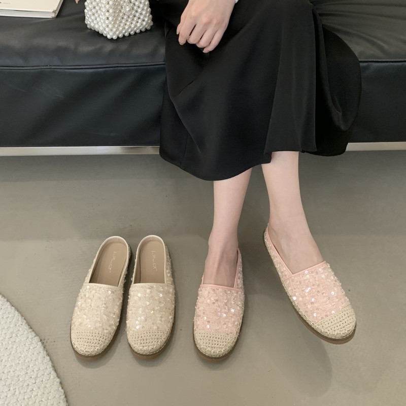 1741763352951_911719.jpg Baotou Half Slippers Women Summer Sequined Flat Shoes Fairy Style Lazy One Step Mule Straw Weave Fisherman Shoes