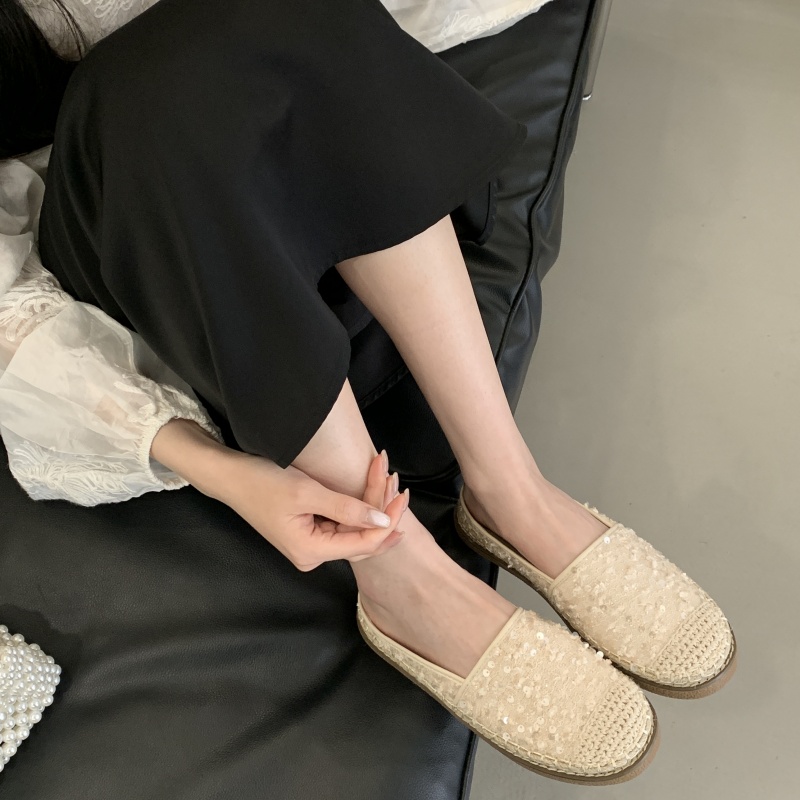 1741763362556_159604.jpg Baotou Half Slippers Women Summer Sequined Flat Shoes Fairy Style Lazy One Step Mule Straw Weave Fisherman Shoes