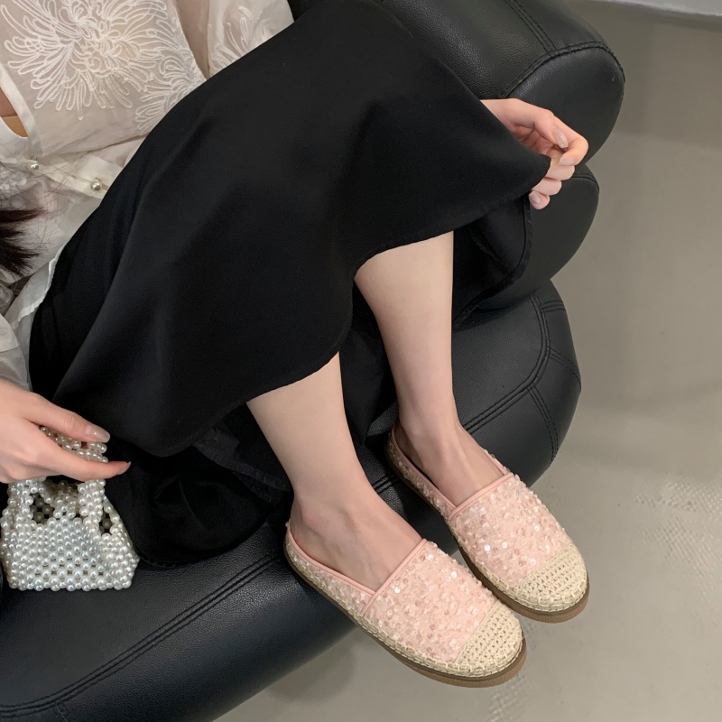 1741763364693_833005.jpg Baotou Half Slippers Women Summer Sequined Flat Shoes Fairy Style Lazy One Step Mule Straw Weave Fisherman Shoes