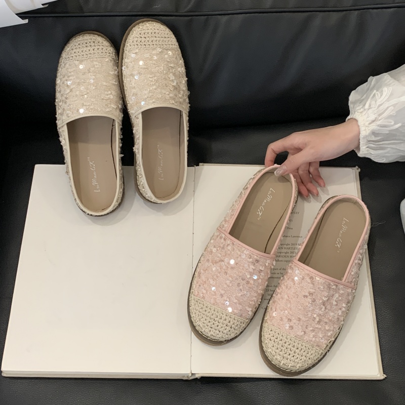 1741763366608_671404.jpg Baotou Half Slippers Women Summer Sequined Flat Shoes Fairy Style Lazy One Step Mule Straw Weave Fisherman Shoes