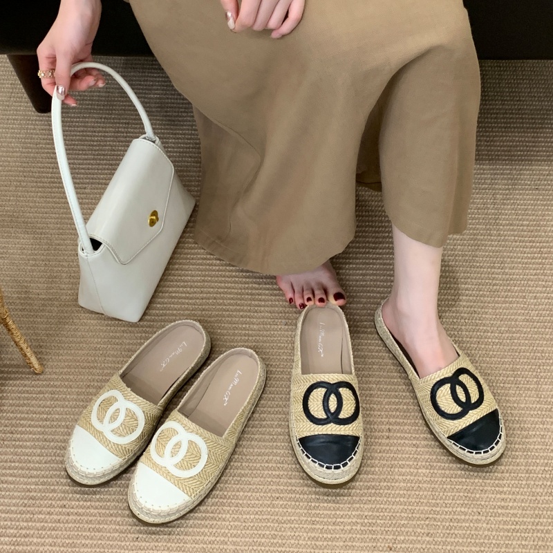 Chanel Style Thick Sole Woven Closed Toe Half Slippers for Women Summer French Flat Bohemian Fisherman Shoes