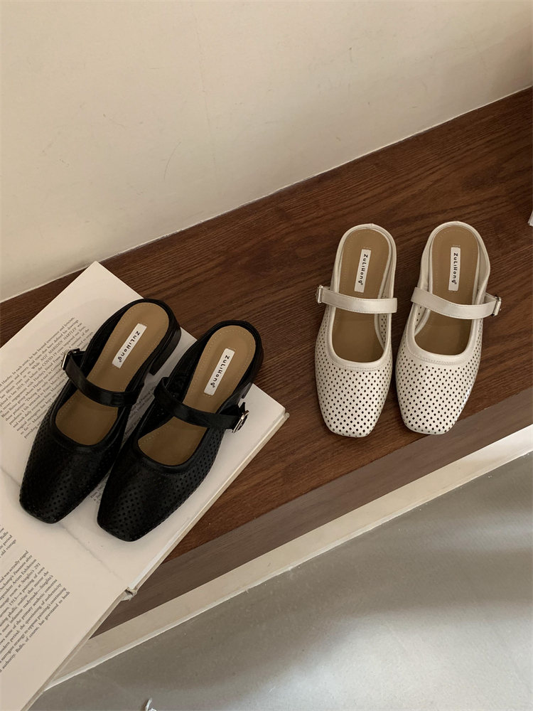 2025 Summer New Forest Style Closed Toe Half Slippers Women's Slip On Chunky Heel Hollow Hole Sandals Flat Shoes