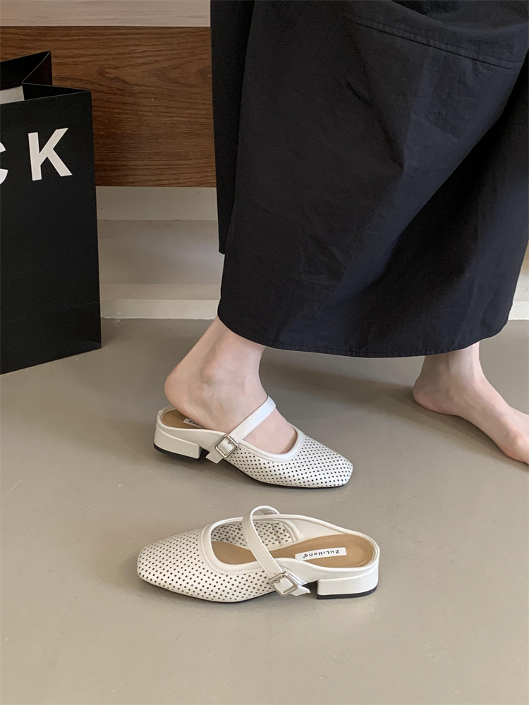2025 Summer New Forest Style Closed Toe Half Slippers Women's Slip On Chunky Heel Hollow Hole Sandals Flat Shoes