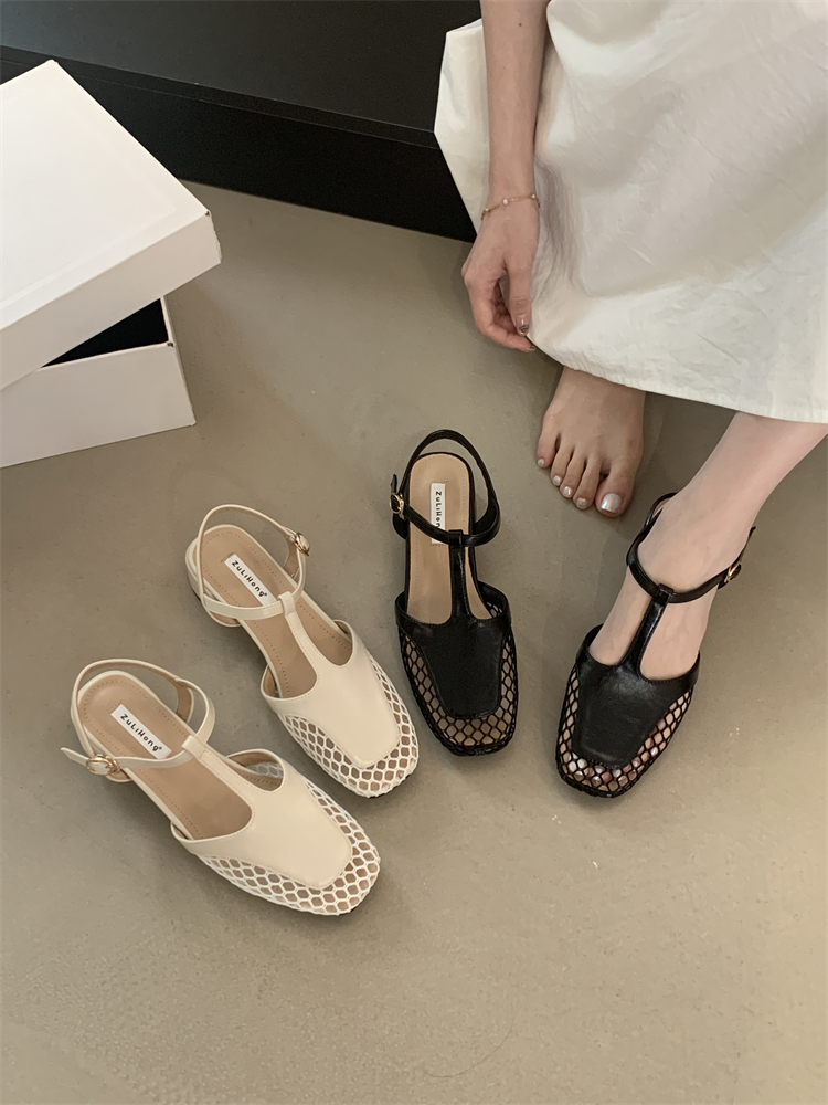 2025 Summer New Woven Hollow Square Toe Sandals Women's Chunky Heel T-Strap Mary Jane Mid Heel Shoes