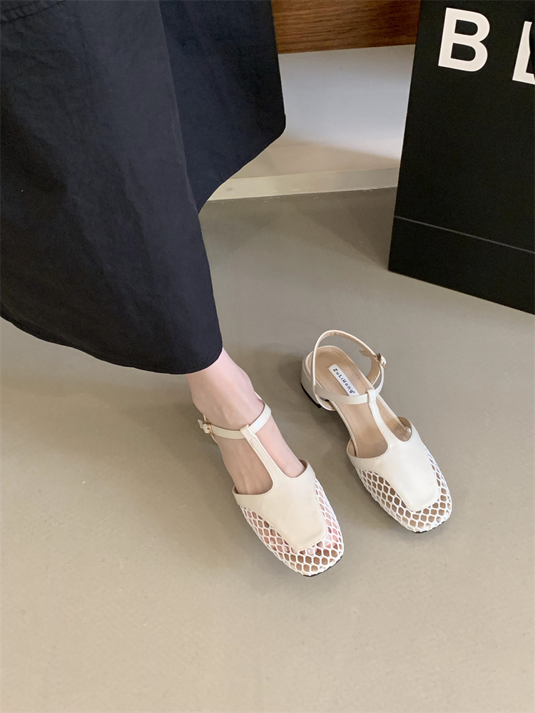 2025 Summer New Woven Hollow Square Toe Sandals Women's Chunky Heel T-Strap Mary Jane Mid Heel Shoes