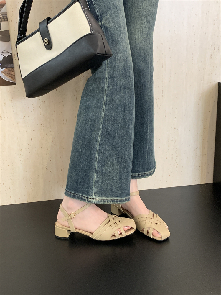 French Retro Woven Mary Jane Sandals for Women Summer Soft Chunky Heel Boho Vacation Roman Shoes