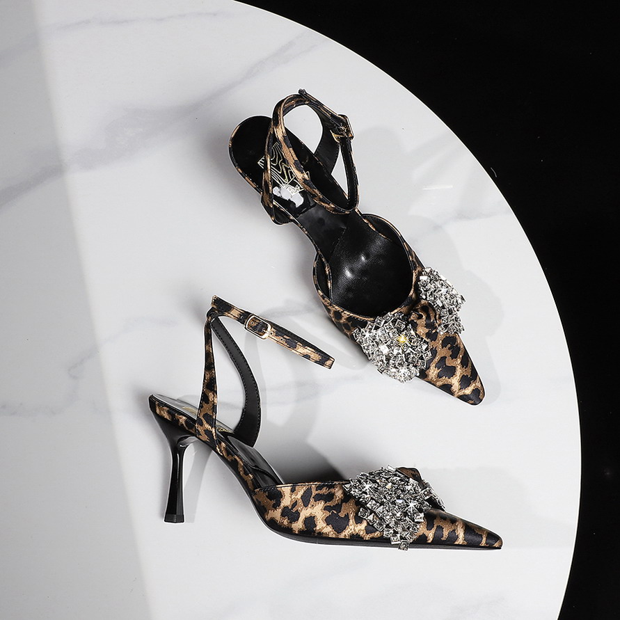 Women's Open Toe High Heel Sandals with Bow and Rhinestone Buckle Strap - European American Style