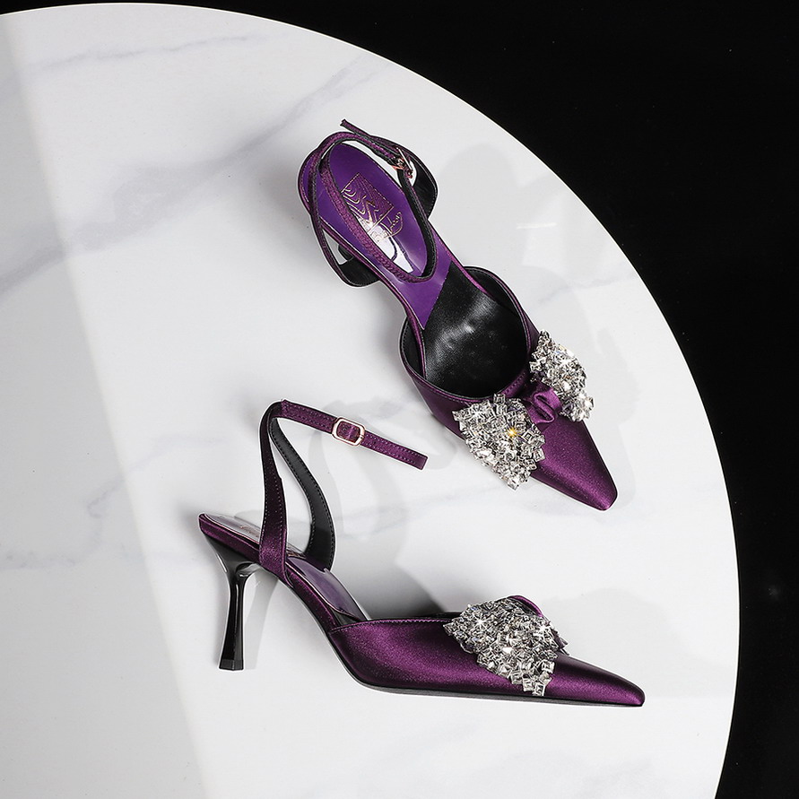 Women's Open Toe High Heel Sandals with Bow and Rhinestone Buckle Strap - European American Style