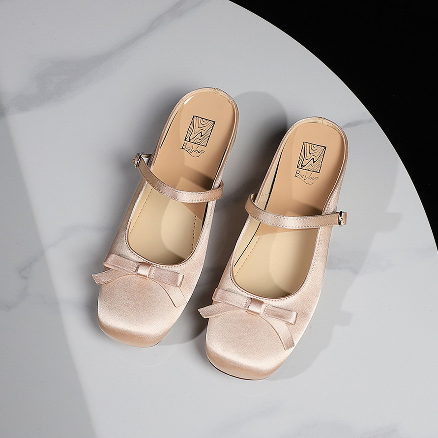 French Style Sweet Bow Backless Half Slippers Square Toe Soft Sole Height Increasing Casual Sandals for Women
